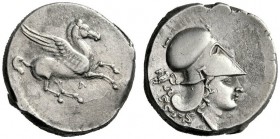  Greek Coins   Leucas  Stater circa 350-320, AR 8.42 g. Pegasus flying r.; below, L. Rev. Helmeted head of Athena r.; behind, hippocampus l. Calciati ...