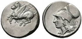  Greek Coins   Leucas  Stater circa 320-280, AR 8.42 g. Pegasus flying l.; below, L. Rev. Helmeted head of Athena l.; behind, twisted endless cord (?)...