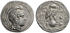  Greek Coins   Attica, Athens  Tetradrachm circa 170-169, AR 16.80 g. Helmeted head of Athena r. Rev. Owl standing on jug; in r. field, two torches. A...