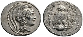  Greek Coins   Attica, Athens  Tetradrachm circa 167-166, AR 16.79 g. Helmeted head of Athena r. Rev. Owl standing on jug; in r. field, two torches. A...