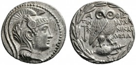  Greek Coins   Attica, Athens  Tetradrachm circa 166-165, AR 16.90 g. Helmeted head of Athena r. Rev. Owl standing on jug; in r. field, two torches. A...