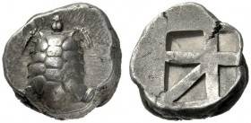  Greek Coins   Aegina, Aegina  Stater circa 456-431, AR 12.31 g. Turtle seen from above. Rev. Skew pattern incuse. Milbank pl. II, 12. SNG Copenhagen ...