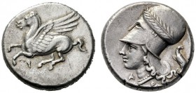  Greek Coins   Corinthia, Corinth  Stater circa 345-307, AR 8.48 g. Pegasus flying l.; below, koppa . Rev. Head of Athena l., wearing Corinthian helme...