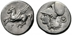  Greek Coins   Corinthia, Corinth  Stater circa 345-307, AR 8.49 g. Pegasus flying l.; below, koppa . Rev. Head of Athena l., wearing Corinthian helme...