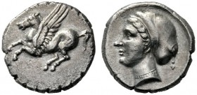  Greek Coins   Corinthia, Corinth  Drachm, circa 330, AR 2.45 g. Pegasus flying l.; below, koppa . Rev. Head of nymph l., with hair in saccos . SNG Bl...