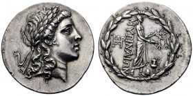  Greek Coins   Aeolis, Cyme  Tetradrachm circa 165-150, AR 16.55 g. Laureate head of Apollo r. Rev. Apollo of Grynium standing r., holding phiale and ...