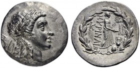  Greek Coins   Aeolis, Cyme  Tetradrachm circa 165-150, AR 16.46 g. Laureate head of Apollo r. Rev. Apollo of Grynium standing r., holding phiale and ...