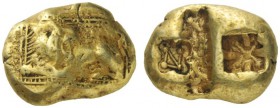 Greek Coins   Miletus  Stater circa 560-545, EL 14.00 g. Lion reclining l., head turned back, within rectangular frame. Rev. Rectangular punch within...