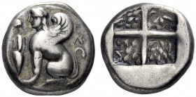 Greek Coins   Islands off Ionia, Chios  Drachm circa 431-412, AR 3.71 g. Sphinx seated l.; before, bunch of grapes and above, amphora. Rev. Quadripar...