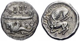 Greek Coins   Phoenicia, Byblos   ’Ozba’al circa 400-370.  Dishekel, Byblos circa 375, AR 13.25 g. Three hoplites on galley l.; prow ending in lion’s...