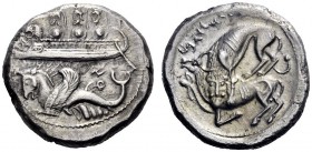  Greek Coins   Phoenicia, Byblos   ’Ozba’al circa 400-370.  Dishekel, Byblos circa 375, AR 13.27 g. Three hoplites on galley l.; prow ending in lion’s...