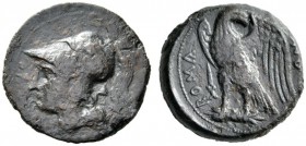  The Roman Republic  Double unit, Neapolis (?) after 276, Æ 14.35 g. ROMANO Head of Minerva l., wearing Corinthian helmet decorated with griffin; behi...