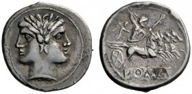  The Roman Republic  Quadrigatus circa 225-214, AR 6.57 g. Laureate Janiform head of Dioscuri. Rev. Jupiter, holding sceptre and hurling thunderbolt, ...