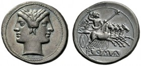  The Roman Republic  Quadrigatus circa 225-214, AR 6.71 g. Laureate Janiform head of Dioscuri. Rev. Jupiter, holding sceptre and hurling thunderbolt, ...