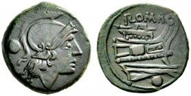  The Roman Republic  Uncia circa 215-212, Æ 7.86 g. Head of Roma r., wearing Attic helmet; behind, pellet. Rev. ROMA Prow r.: below, pellet. Sydenham ...