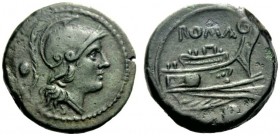  The Roman Republic  Uncia circa 215-212, Æ 6.71 g. Head of Roma r., wearing Attic helmet; behind, pellet. Rev. ROMA Prow r.: below, pellet. Sydenham ...
