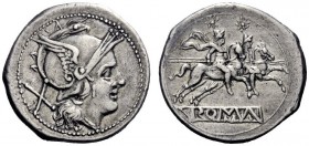  The Roman Republic  Denarius circa 214-213, AR 4.48 g. Helmeted head of Roma r.; behind, X. Rev. The Dioscuri galloping r.; in exergue, ROMA partiall...