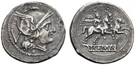  The Roman Republic  Quinarius circa 214-213, AR 2.28 g. Helmeted head of Roma r.; behind, V. Rev. The Dioscuri galloping r.; in exergue, ROMA in line...