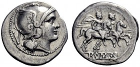  The Roman Republic  Quinarius circa 214-213, AR 2.35 g. Helmeted head of Roma r.; behind, V. Rev. The Dioscuri galloping r.; in exergue, ROMA in line...