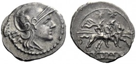  The Roman Republic  Sestertius circa 214-213, AE 1.06 g. Helmeted head of Roma r.; behind, IIS. Rev. The Dioscuri galloping r.; below, ROMA in linear...