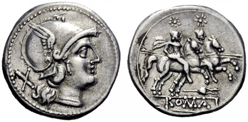 The Roman Republic  Denarius circa 208, AR 4.38 g. Helmeted head of Roma r.; be...