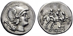  The Roman Republic  Denarius circa 208, AR 4.38 g. Helmeted head of Roma r.; behind, X. Rev. The Dioscuri galloping r.; below, apex and ROMA in linea...