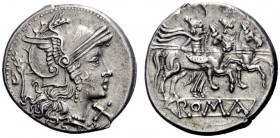  The Roman Republic  Denarius after 211, AR 4.17 g. Helmeted head of Roma r.; behind head, branch and before, X. Rev. The Dioscuri galloping r.; below...
