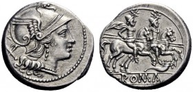  The Roman Republic  Denarius circa 207, AR 3.79 g. Helmeted head of Roma r.; behind, X. Rev. The Dioscuri galloping r.; below, cornucopiae and ROMA i...