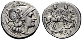 The Roman Republic  Denarius circa 207, AR 4.20 g. Helmeted head of Roma r.; behind, X. Rev. The Dioscuri galloping r.; below, cornucopiae and ROMA i...