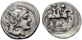  The Roman Republic  Quinarius, South East Italy circa 211-210, AR 2.10 g. Helmeted head of Roma r.; behind, V. Rev. The Dioscuri galloping r.; below,...