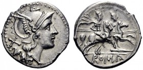  The Roman Republic  Denarius, South East Italy circa 209, AR 3.69 g. Helmeted head of Roma r.; behind, X. Rev. The Dioscuri galloping r.; below, spea...