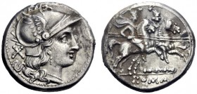  The Roman Republic  Denarius, South East Italy circa 208, AR 4.72 g. Helmeted head of Roma r.; behind, X. Rev. The Dioscuri galloping r.; below, club...