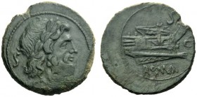  The Roman Republic  Semis, Canusium circa 206-195, Æ 12.28 g. Laureate head of Saturn r.; behind, S and below, CA. Rev. Prow r.; above, S and before,...
