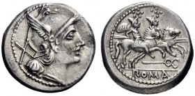  The Roman Republic  Denarius, Central Italy (?) circa 211-208, AR 4.37 g. Helmeted head of Roma r.; behind, X. Rev. The Dioscuri galloping r.; below,...