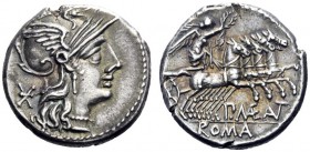  The Roman Republic   P. Maenius Antiaticus. Denarius 132, AR 3.92 g. Helmeted head of Roma r.; behind, Ú. Rev. Victory in prancing quadriga r.; below...