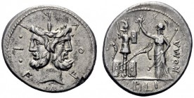  The Roman Republic   M. Furius L.f. Philus. Denarius 121, AR 3.89 g. M·FOVRI·L·F Laureate head of Janus. Rev. Roma standing l., wearing Corinthian he...