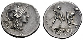  The Roman Republic   T. Didius. Denarius 113 or 112, AR 3.90 g. Helmeted head of Roma r.; behind, ROMA in monogram. Below neck truncation, Û. Rev. Ba...