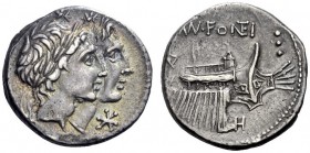  The Roman Republic   M.n. Fonteius. Denarius 108-107, AR 3.99 g. Jugate and laureate heads of the Dioscuri r.; before, Ú P P. Rev. Galley r.; above, ...