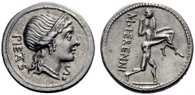  The Roman Republic   M. Herennius. Denarius 108 or 107, AR 3.92 g. Diademed head of Pietas r.; below chin, control-mark. Behind head, PIETAS. Rev. On...