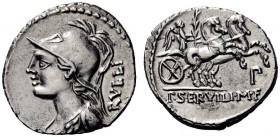  The Roman Republic   P. Servilius M.f. Rullus. Denarius 100, AR 3.78 g. Helmeted bust of Minerva l.; behind, RVLLI. Rev. Victory, holding palm branch...