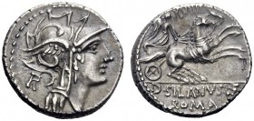  The Roman Republic   D. Iunius Silanus L.f. Denarius 91, AR 3.89 g. Helmeted head of Roma r.; behind R. Rev. Victory in biga r., holding palm branch ...
