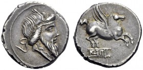  The Roman Republic   Q. Titius. Denarius 90, AR 4.13 g. Head of Mutinus Titinus r., wearing winged diadem. Rev. Pegasus prancing r.; below, Q·TITI in...