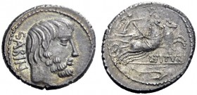  The Roman Republic   L. Tituri L.f. Sabinus.  Denarius 89, AR 3.94 g. SABIN Head of King Tatius r. Rev. Victory in biga r., holding wreath; below, L·...