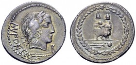  The Roman Republic   Mn. Fonteius. Denarius 85, AR 3.75 g. MN·FONTEI C·F Laureate head of Apollo r.; below, thunderbolt and below chin, ROMA ligate. ...