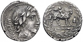  The Roman Republic   Mn. Fonteius. Denarius 85, AR 4.02 g. MN·FONTEI Laureate head of Apollo r.; below, thunderbolt and below chin, C·F. Rev. Cupid o...