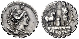  The Roman Republic   A. Postumius Albinus. Denarius serratus  81, AR 3.79 g. Draped bust of Diana r., with bow and quiver over shoulder; above head, ...