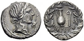  The Roman Republic   Q. Caecilius Metellus Pius. Denarius 81, AR 3.52 g. Diademed head of Pietas r.; before, stork. Rev. Jug and lituus ; in exergue,...
