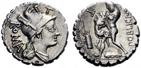  The Roman Republic   C. Poblicius Q. f. Denarius serratus 80, AR 4.08 g. Helmeted and draped bust of Roma r.; behind, ROMA and above, T. Rev. Hercule...