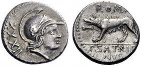  The Roman Republic   P. Satrienus. Denarius 77, AR 4.02 g. Helmeted head of Roma r.; behind, XXXII. Rev. ROMA She-wolf l., r. forepaw raised; in exer...