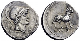  The Roman Republic   L. Rustius. Denarius 76, AR 3.98 g. Helmeted head of Minerva r.; behind, S·C. Below chin, Ú. Rev. Ram r.; in exergue, L·RVSTI. B...
